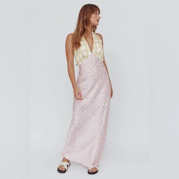 Picnic Plaid Satin Midi Dress Halter Y2K Slip AU 6 US XS - Picture 15 of 16